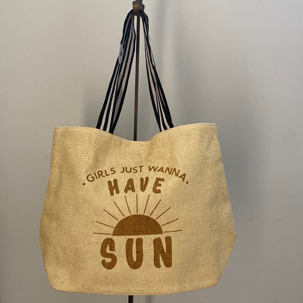 NWT Hallmark Wit Girls Just Wanna Have Sun Large Straw Beach Tote Bag 21x15